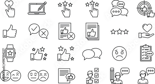Set of Minimalist Social Media Feedback Icons Including Thumbs Up, Stars, Chat Bubbles, Rating, and User Interaction for Digital Platforms
