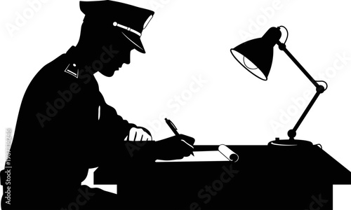 Silhouette of a Police Officer in Uniform Writing a Report at a Desk Under a Lamp