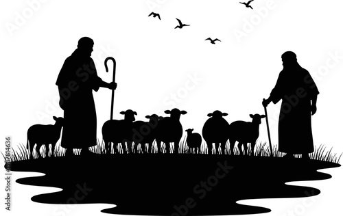 Silhouettes of shepherds with staffs tending to a flock of sheep in a grassy field with birds flying overhead