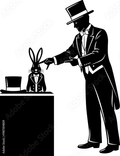 Magician in Tuxedo Silhouette Performing Magic Trick with a Dressed Rabbit and Top Hat