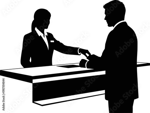 Silhouette of a Professional Receptionist Greeting a Businessman at a Service Counter or Hotel Reception Desk