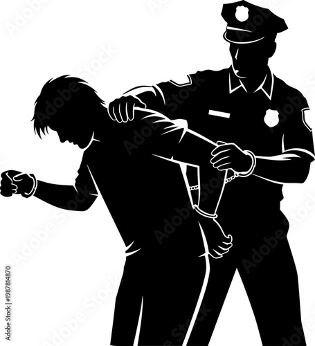 Police Officer Arresting a Suspect and Placing Handcuffs Silhouette Illustration
