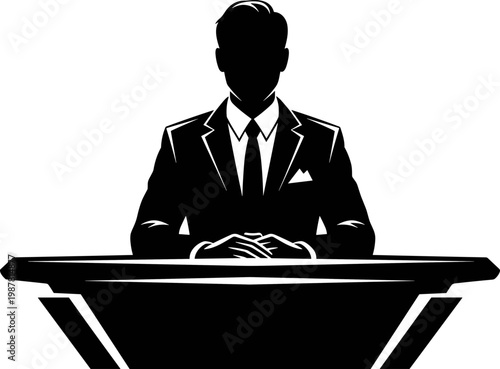 Silhouette of a Professional Businessman or News Anchor in a Suit Sitting Behind a Desk, Vector Illustration