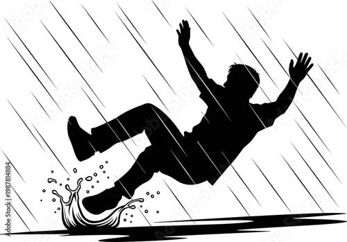 Silhouette of a man slipping and falling backwards in the rain on a slippery wet surface with a water splash