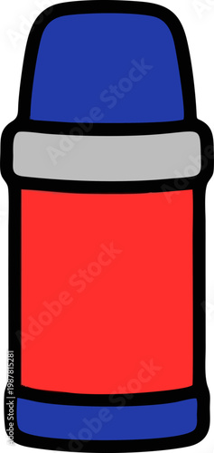 Thermos Bottle Colorful Illustration Featuring a Blue Cap Red Body and Grey Band