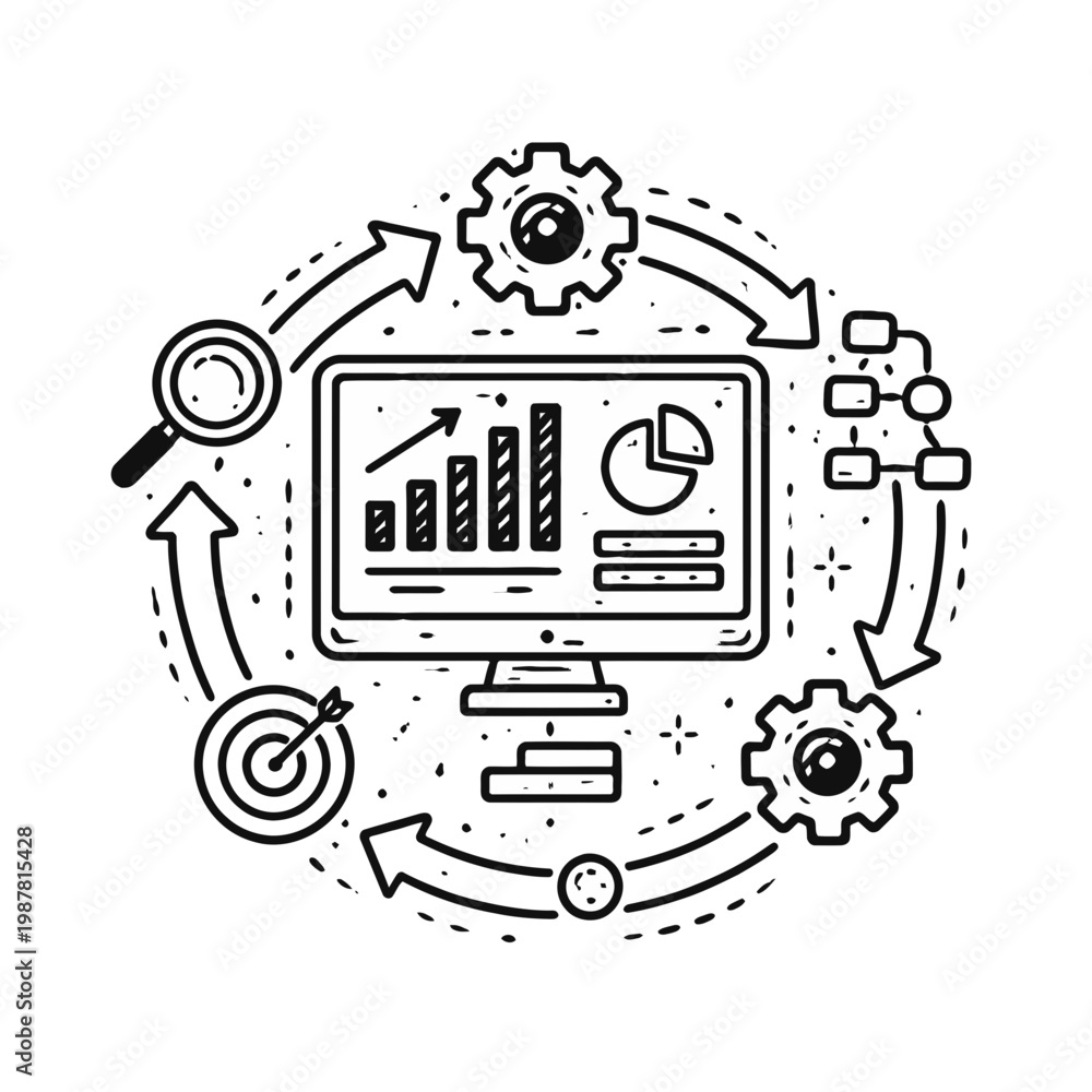 Fototapeta premium Continuous Data Analysis and Business Process Optimization Vector Illustration for Strategic Planning and Performance Management Dashboard