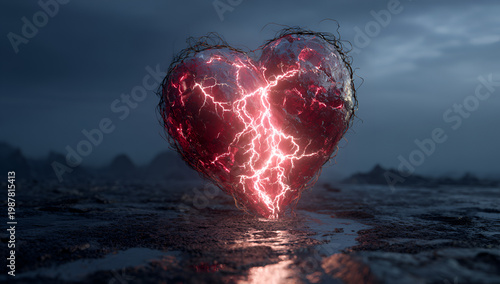 A luminous, cracked heart, encompassed by thorny vines, rests on a desolate, misty landscape under a foreboding sky