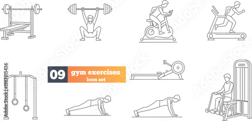 Gym equipment line art collection weights machines and fitness illustrations