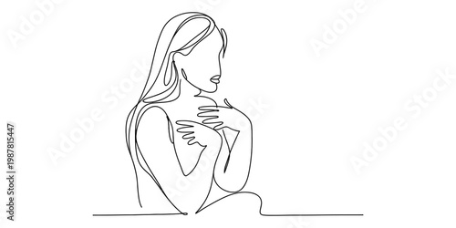 Minimalist continuous line art drawing of a thoughtful woman with long hair and hands on chest Vector, illustration