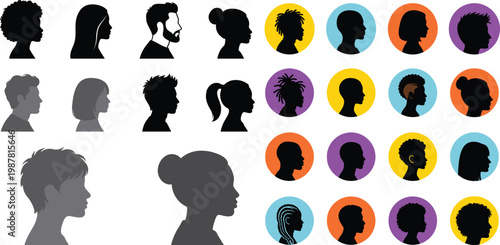 Diverse profile silhouettes collection, human head side view avatars with different hairstyles and colors, modern vector set for social media, identity, UI and character design use