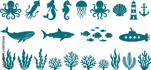 Marine life and ocean icons set, sea animals, coral, lighthouse and nautical elements, black vector collection for underwater, beach, travel and aquatic design use