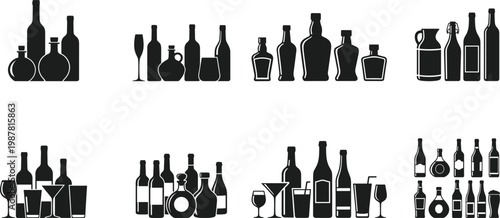 Large set of bar bottle and glassware silhouettes featuring wine, spirits, and cocktails in flat vector style.