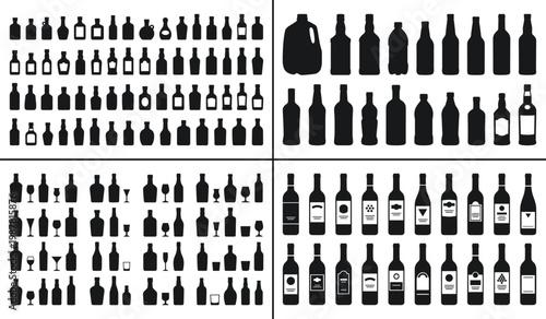 Massive collection of bottle and glassware silhouettes featuring wine, spirits, beverages, and household containers in flat vector.