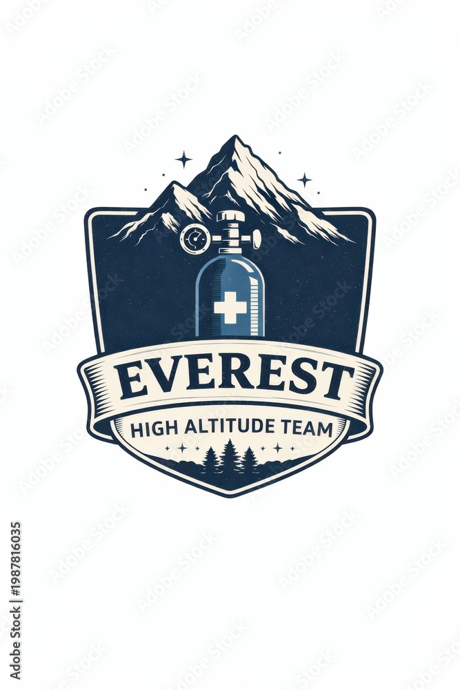 Fototapeta premium Medical rescue team emblem with Mount Everest peak and first aid symbol for high altitude missions