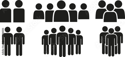 People group silhouettes icons set, human crowd and team figures, social community symbols, black vector collection for business, communication, organization and user interface design