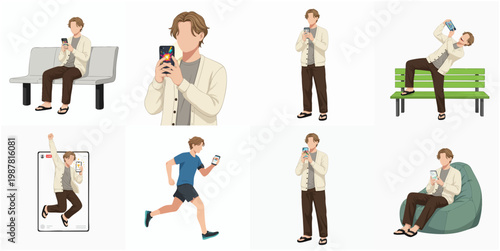 Modern Flat Illustration of Young Man Using Smartphone in Various Poses