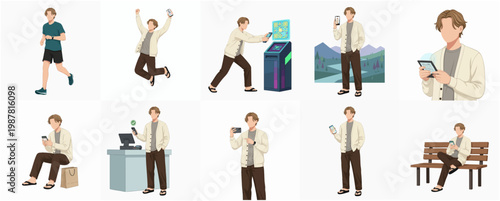 Handdrawn Style Diverse Young Man Character Various Lifestyle Action Poses
