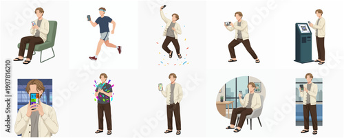 Modern Flat Illustration Set of Man Using Mobile Phone for Daily Activity