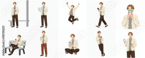 Watercolor Illustration Set of Man in Casual Outfit Using Smartphone in Various Poses