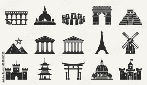 World landmarks silhouettes set, famous monuments and architecture icons, black vector collection for travel, tourism, culture, history and global destination design use