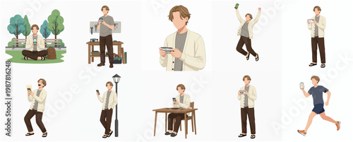 Modern Watercolor Style Man with Phone in Various Lifestyle Activities Illustration