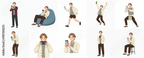 Minimalist Flat Illustration Set of Man Using Smartphone in Different Poses