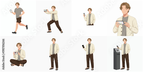 Stylish Flat Man Using Smartphone in Various Poses Illustration Set