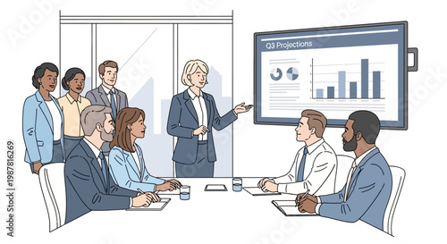 Business meeting with presentation on Q1 projections and financial charts