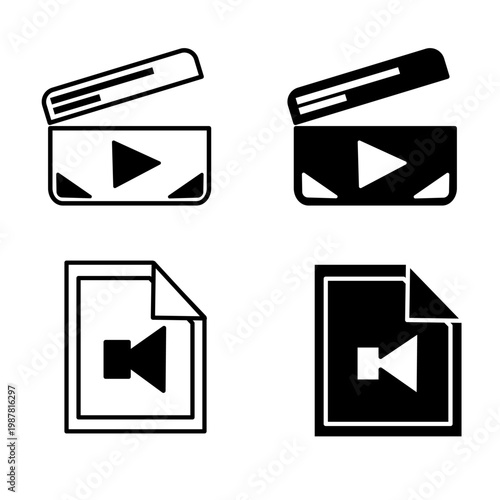 Vector illustration of a clapperboard and video file. Black and white color scheme with silhouette style. Suitable for logos, companies, banners, icons, and websites.