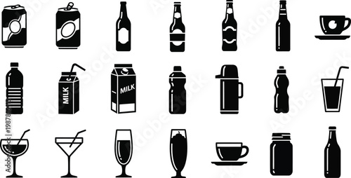 Black and white of various beverage containers and glasses drink milk 1