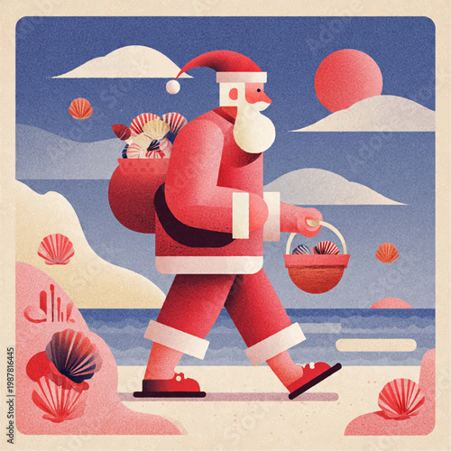 Santa Claus enjoys a serene santa beach walk, collecting seashells. This ultra-detailed 2D flat vector illustration brings unique tropical holiday cheer