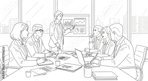 Business meeting, presentation with charts and graphs in a modern office