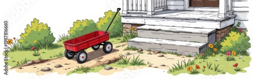 Red wagon parked near the steps of a wooden porch surrounded by grass and bushes.