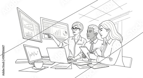 Business team analyzing data on futuristic holographic screens and laptops