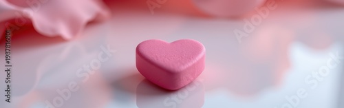 Pink heart-shaped bath bomb on a shiny reflective surface with soft pink and white background.