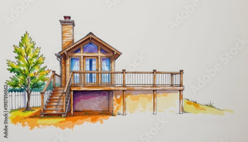 Watercolor illustration of a wooden cabin with a deck and tree beside it.