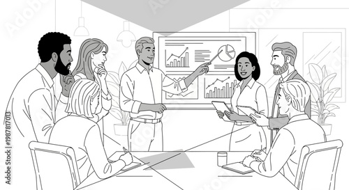 Diverse team in meeting, presenting data charts on screen, business strategy discussion
