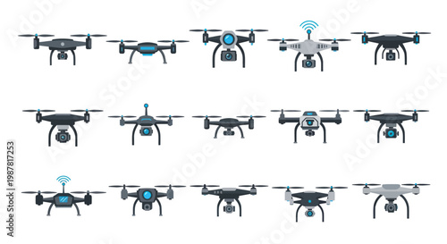 Collection of Diverse Drones, Quadcopters with Cameras and Antennas