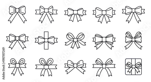 Collection of Hand-Drawn Bows and Gift Box Icons in Black and White