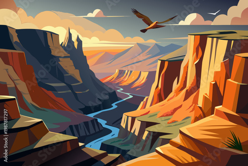 Stunning vista of grand canyon with eagle soaring above winding river cutting through vibrant rock formations