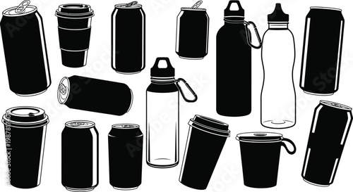 Black and white of various beverage containers bottles cans cups drinkware