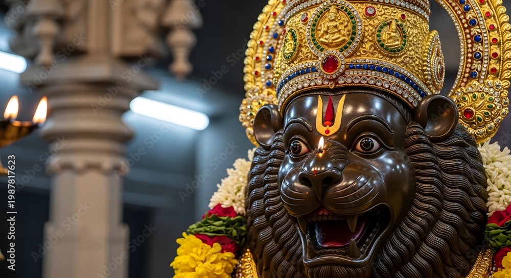 Fototapeta premium Close-up of Narasimha Vishnu avatar idol adorned with crown and flame in a Hindu temple.