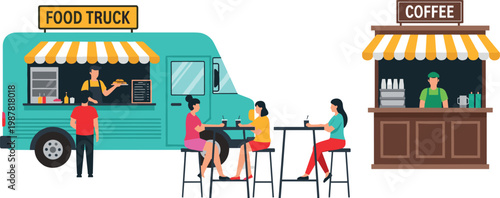 Street food truck and coffee stall with people sitting at table flat vector illustration urban cafe outdoor dining lifestyle concept