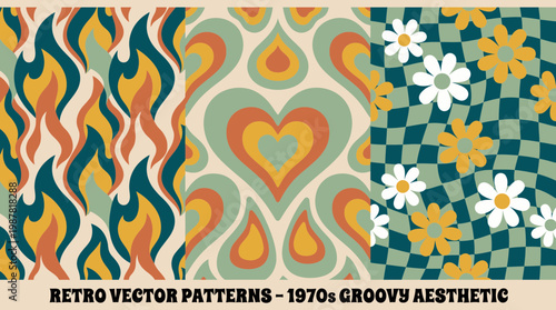 Collection of three seamless retro 1970s groovy patterns featuring abstract flames, vintage hearts and daisy flowers on checkerboard background, concept for textile design, fashion and print