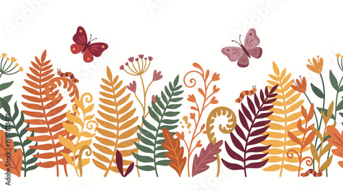 Seamless horizontal border of whimsical hand drawn wildflowers with ferns butterflies and caterpillars on white background, concept for textile pattern design, children wall art and nursery decoration