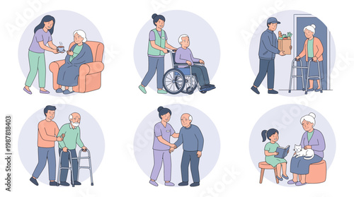 Social workers and nursing assistants providing home care services for elderly seniors in daily activities, concept for geriatric healthcare, senior assistance and elderly community support