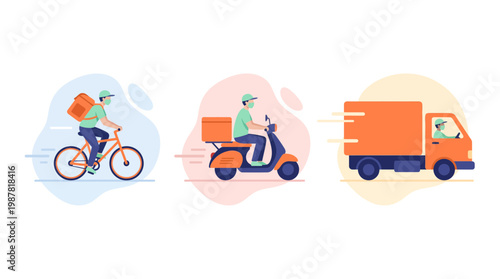 professional logistics couriers operating bicycle motorcycle and shipping truck while wearing protective masks, concept for e-commerce shipping, express delivery and commercial distribution