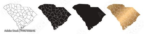 Map of South Carolina, United States, with black and gold lines.
