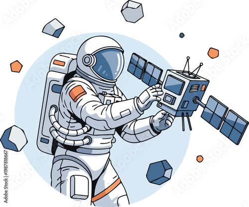 Astronaut repairing satellite in outer space, surrounded by asteroids