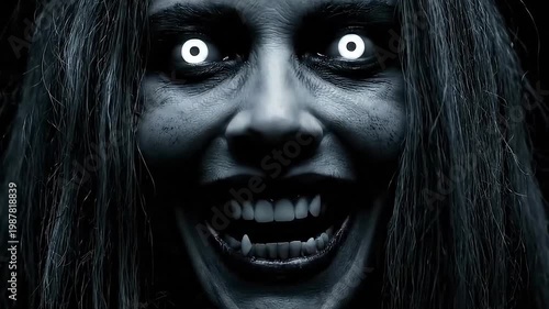 A horrifying illustration of a ghostly woman with white eyes and a sinister grin on a black background. Perfect for creating a terrifying and eerie atmosphere.